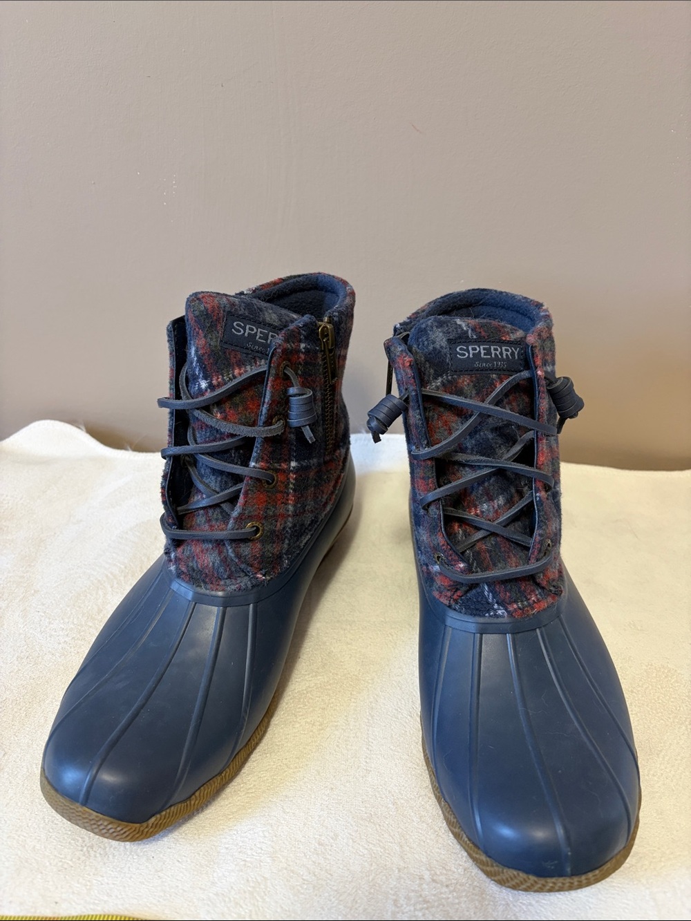 Sperry Navy Rubber Duck Boots with Red Plaid Upper
